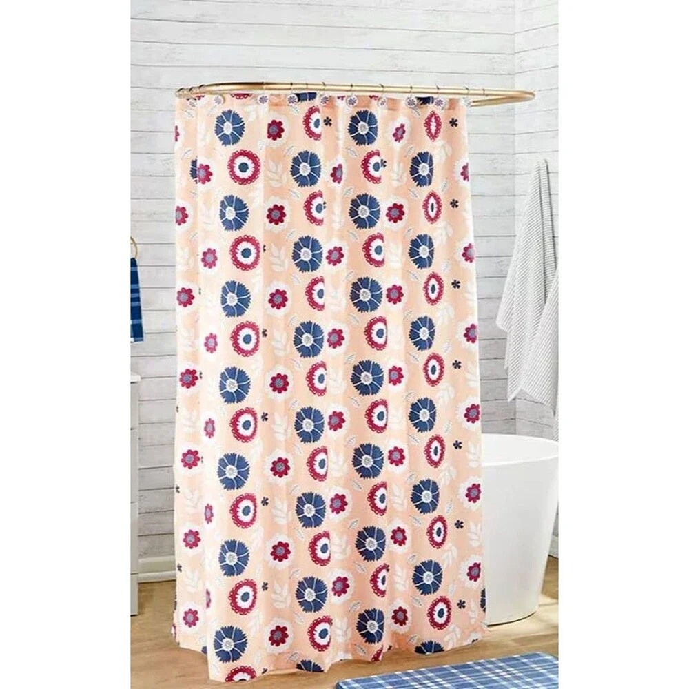 Retro Vibe Floral Shower Curtain 72-in Blue Red Floral on Tan Polyester Gift NEW
